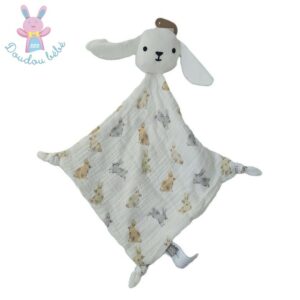 Doudou plat LAPIN lange blanc motifs gris beige BOUT&rsquo;CHOU
