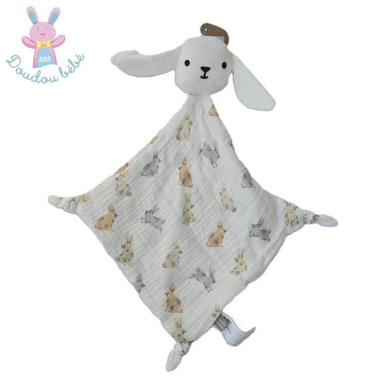 Doudou plat LAPIN lange blanc motifs gris beige BOUT'CHOU