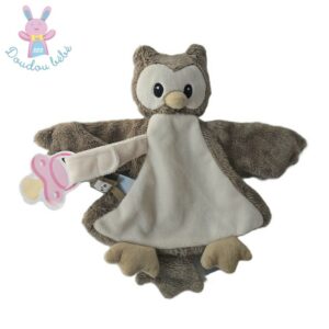 Doudou Hibou Chouette plat marron beige attache tétine PERICLES