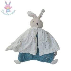 Doudou plat Lapin coton bio bleu blanc Petit Pas KALOO