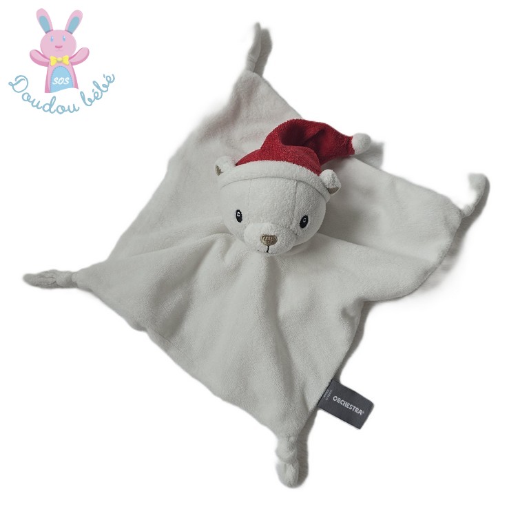 Doudou plat Ours blanc bonnet rouge père Noël ORCHESTRA