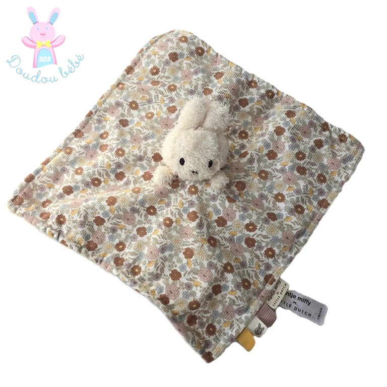 Doudou plat Lapin écru fleurs marron rose Miffy LITTLE DUTCH