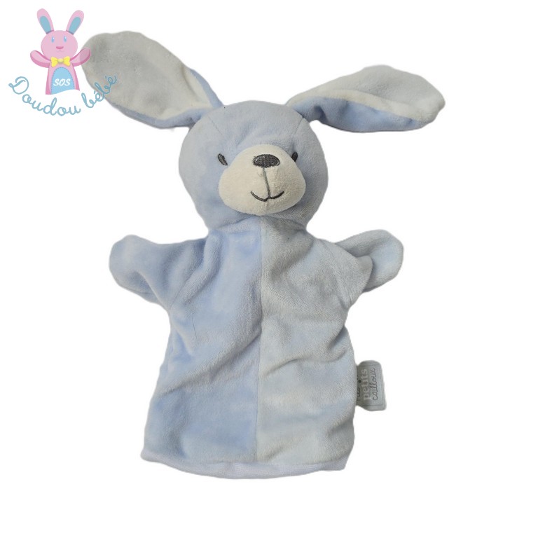 Doudou Lapin marionnette bleu blanc MES PETITS CAILLOUX